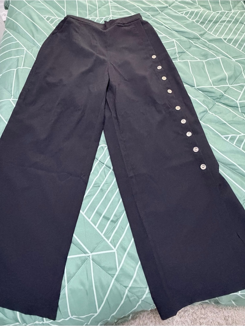 Wide Leg Black Button-Trim Pants
